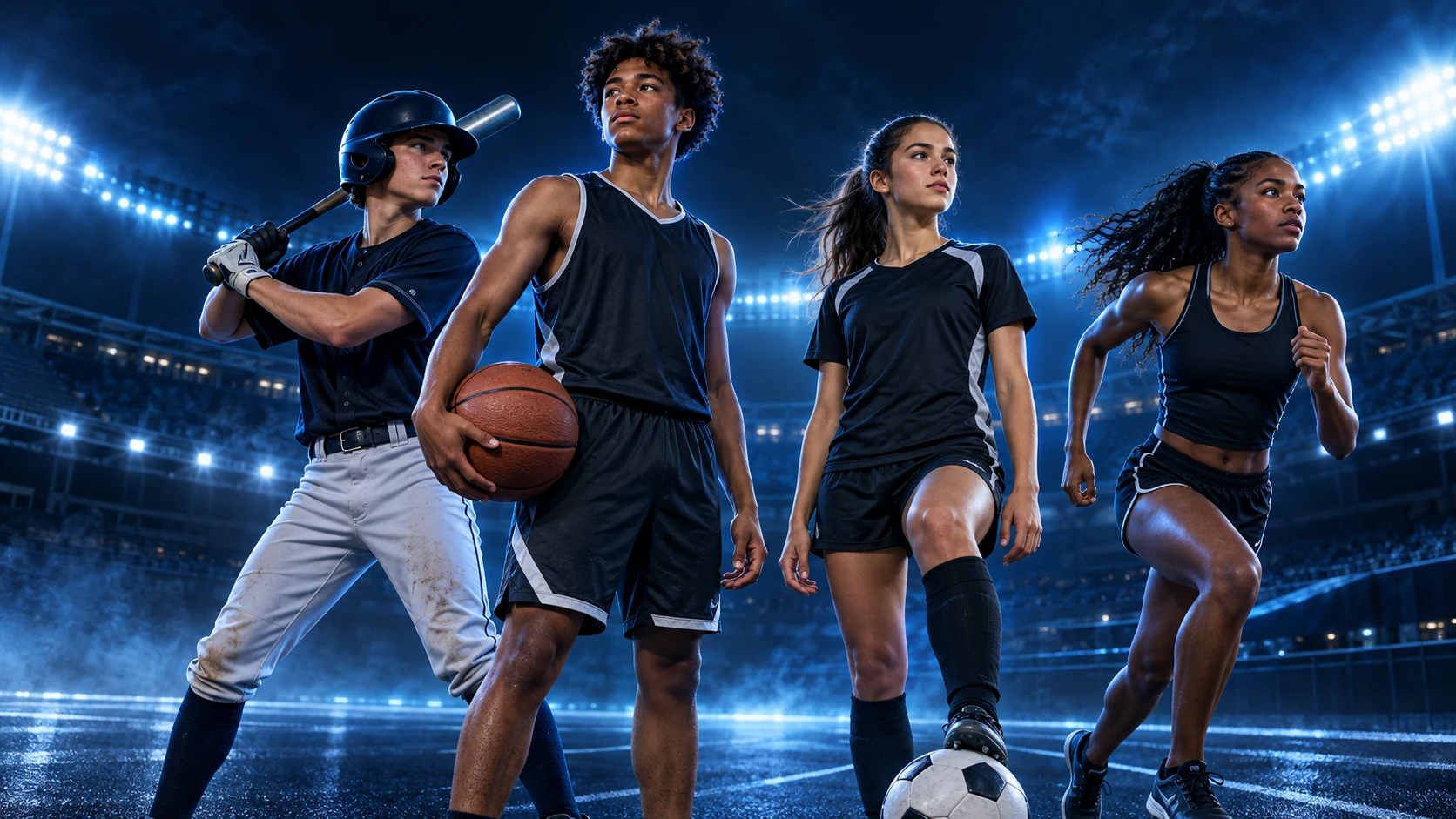 Illustrative lifelike multisport athletes under stadium lights
